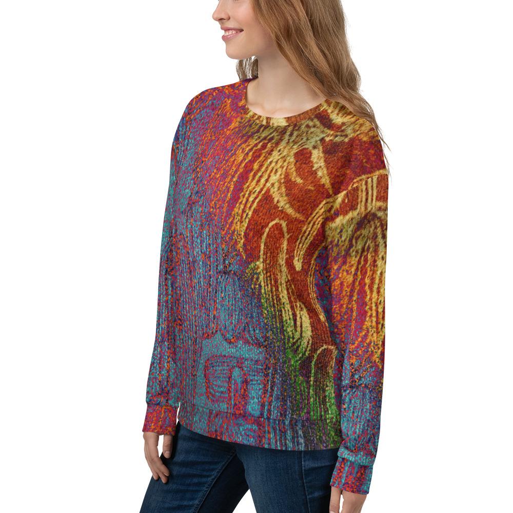 lady wearing Fun Cactus unisex Sweatshirt Blue Orange Red Cactus Print Limited Edition ight