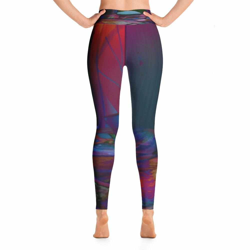 FEMALE MODEL POSING IN A UNIQUE PSYCHEDELIC YOGA LEGGING - BACK PICTURE - blue, purple, pink, orange, green yoga legging for women