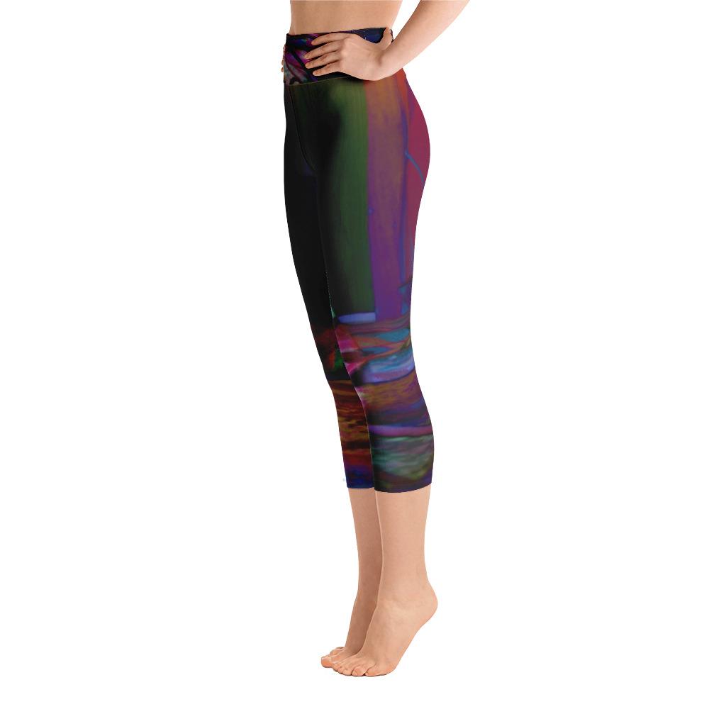 Model Posing On Her Toes in The limited Edition Yoga Capri Legging For Women - Blue Red Purple Green Movement Print For women's Sportswear- Left side