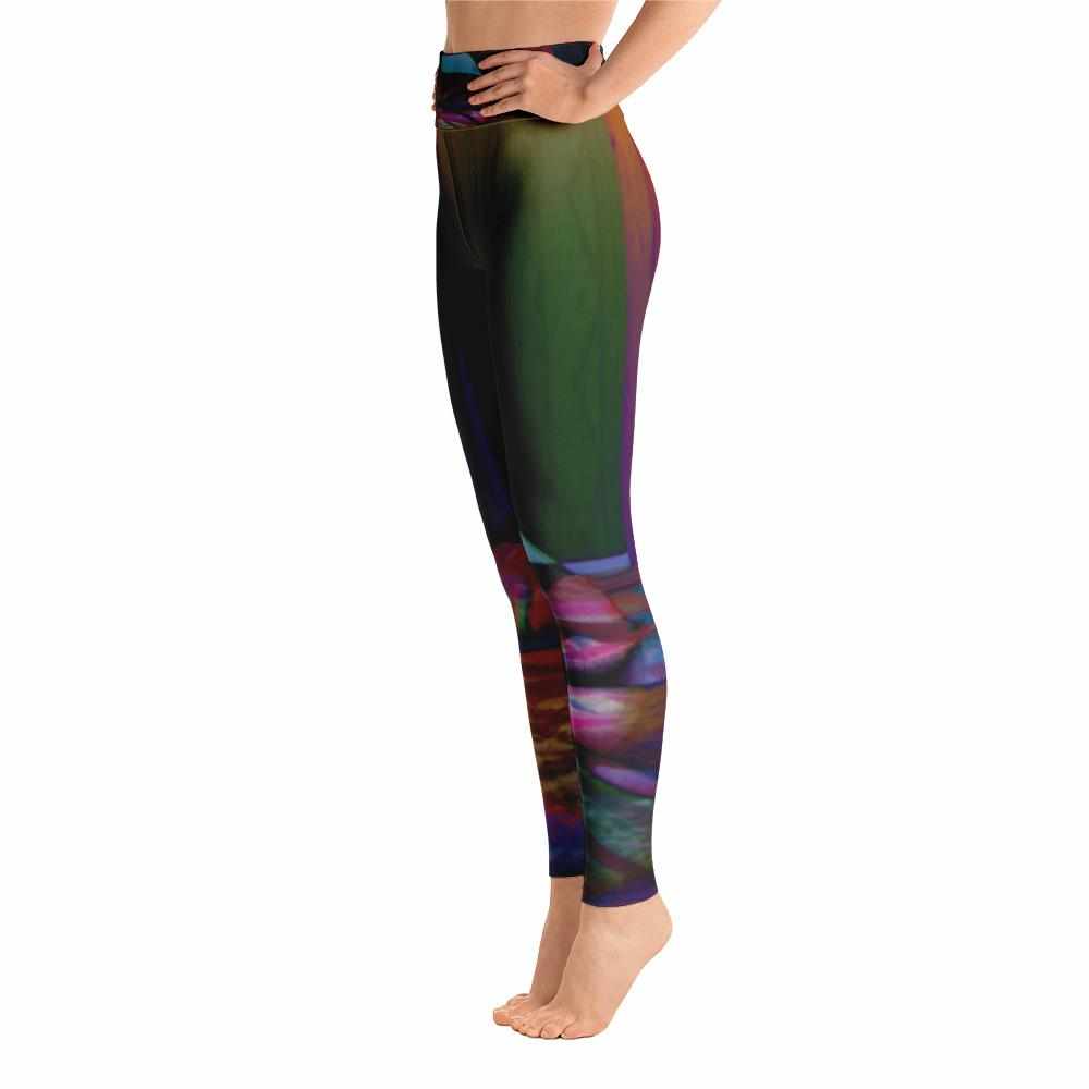 FEMALE MODEL POSING IN A UNIQUE LIMITED EDITION PSYCHEDELIC YOGA LEGGING - SIDE PICTURE - blue, purple, pink, orange, green yoga legging for women