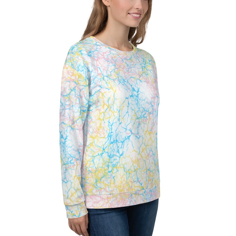 Cute Smiling Model wearing a Candy Printed Sweatshirt for SPORT Left side pose 