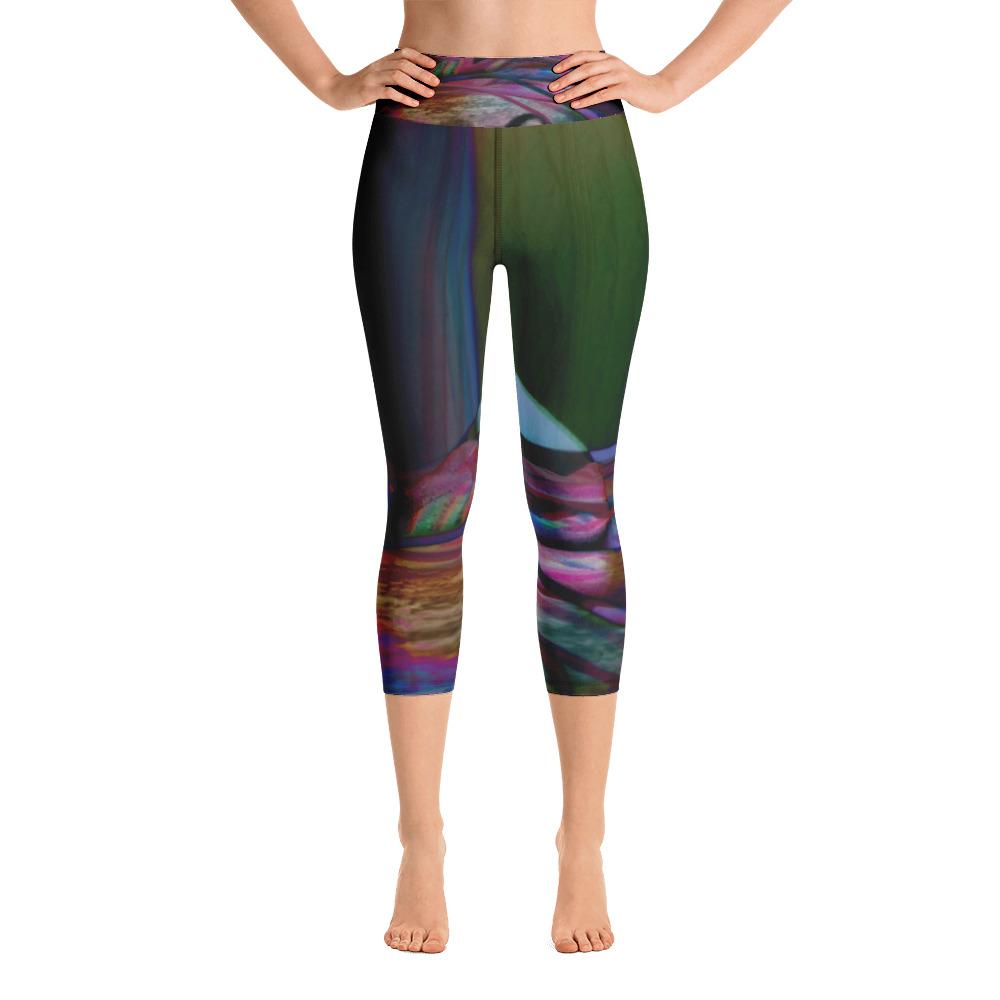 Model Posing in The limited Edition Yoga Capri Legging For Women - Blue Red Purple Green Movement Print  For women's Sportswear- Frontside