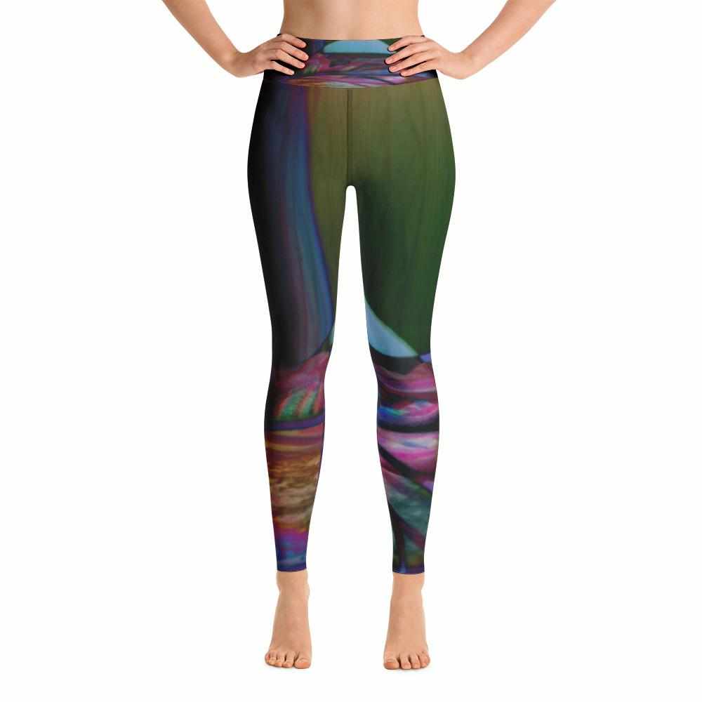 FEMALE MODEL POSING IN A UNIQUE PSYCHEDELIC YOGA LEGGING - FRONTSIDE PICTURE - blue, purple, pink, orange, green yoga legging for women 